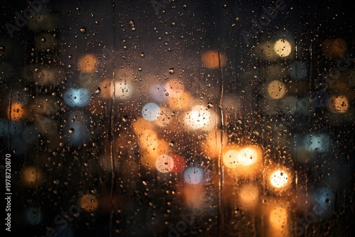 Rain drops on window with city lights bokeh