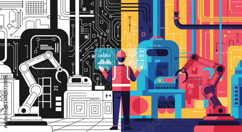 Industrial worker with robotic machinery.