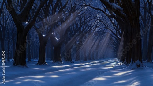 Ethereal Winter Forest Scene with Moonlight Beaming Through Snow-Covered Trees at Night