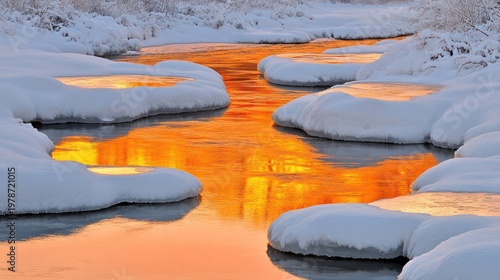 Beautiful Winter Landscape with Snowy Riverbank and Reflection of Sunset on Water Surface