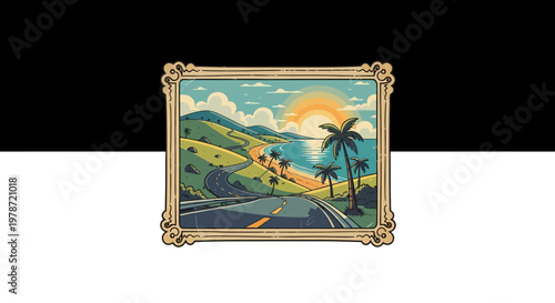 a framed illustration of a tropical road.