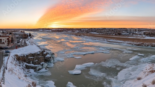 Stunning Winter Sunrise Over Frozen River with Colorful Skies and Ice Formation in Rocky Landscape
