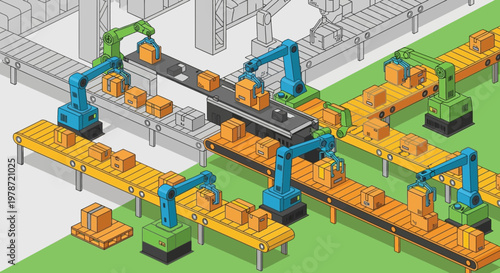 Industrial robotic assembly line in factory.