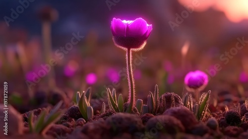 Delicate Purple Flower Blooming in Vibrant Natural Setting at Sunrise with Soft Light and Gentle Background
