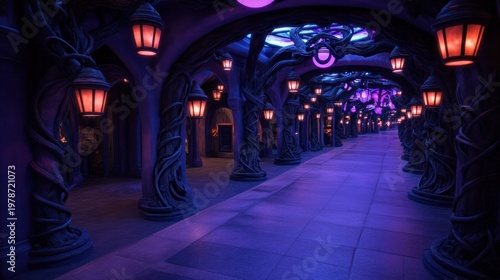 Enchanted cavern pathway with glowing purple lanterns and mystical vines in dark atmospheric setting