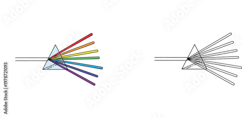 Light Refraction Through Prism Icon Set Featuring Colored and Outline Vector Illustrations of Spectrum Dispersion for Physics Education and Optical Research