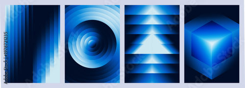 Abstract black cyan blue Geometric Poster Set. Futuristic Tech Background with 3D Cube and Circles. Modern Gradient Cover Design Template. Vector banner for branding, cybersecurity, electro music