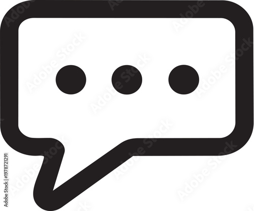 A black and white icon of a speech bubble with three dots