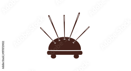 A minimalist illustration depicts a brown pincushion with several sewing needles stuck into it