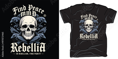 Find peace mmd design with skull and crows, symbolizing rebellion and purity in grim, gothic style.