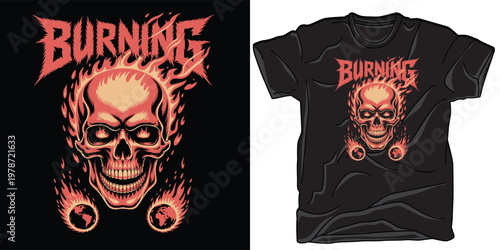 Burning skull design with flames and Earth globes, symbolizing destruction and inferno.