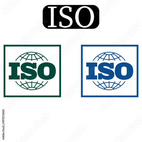 ISO Certified Logo Set – International Organization Standardization Globe Badge Vector