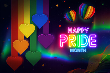 Happy pride month celebration with rainbow hearts and neon sign