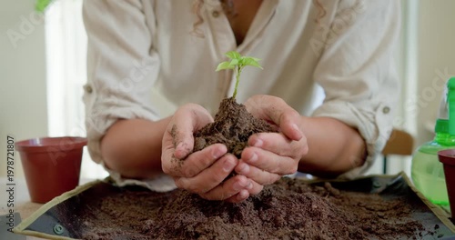 Non-binary person cradling seedling after noticing loose roots, molding soil for potting on tray