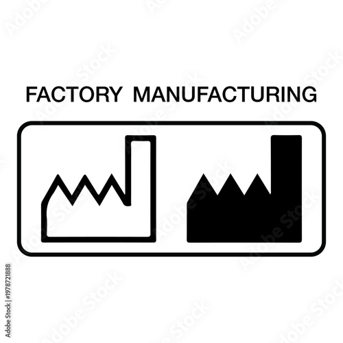 Factory Manufacturing Icon – Industrial Plant Symbol Black Outline Rectangle Badge Vector
