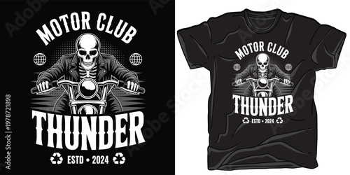Skeleton biker on motorcycle t-shirt design, motor club thunder estd 2024.