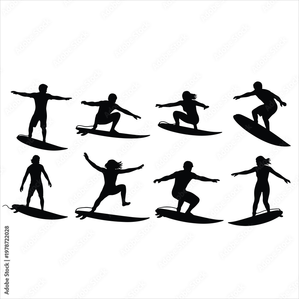 Fototapeta premium Surfers Silhouette Set - Men and Women Riding Waves on Surfboards Water Sports Vector Collection