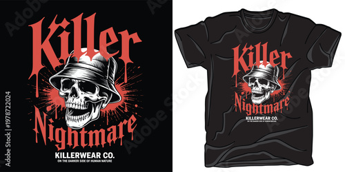 Skull wearing bucket hat graphic illustration for tshirt design with killer nightmare text concept.