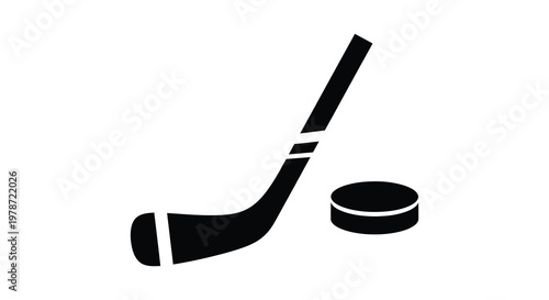 A stark black silhouette depicts a hockey stick and puck resting on a white background silhouette high quality