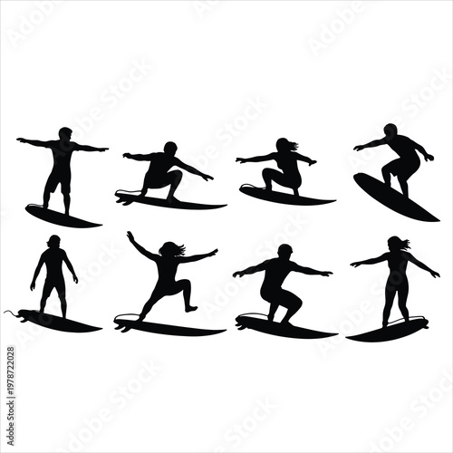 Surfers Silhouette Set - Men and Women Riding Waves on Surfboards Water Sports Vector Collection