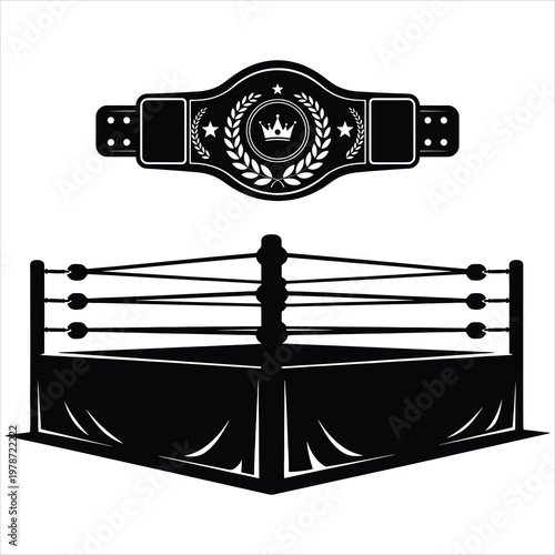 Boxing Ring and Championship Trophy Belt Illustration - Combat Sports Winner Concept Vector Silhouette