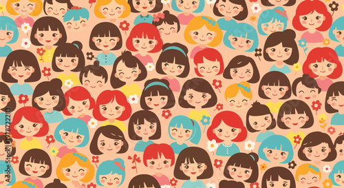 Happy girls pattern diverse faces cheerful smiles colorful hair and clothes background lots of cute cartoon children playing together childhood fun friendly innocent joy