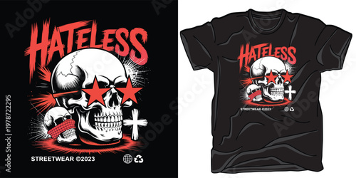 Hateless skull with star glasses and cross symbol streetwear graphic for modern clothing collection.