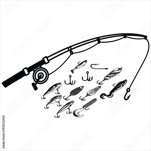 Fishing Rod and Tackle Collection Illustration - Spinning Reel with Variety of Lures and Hooks Vector