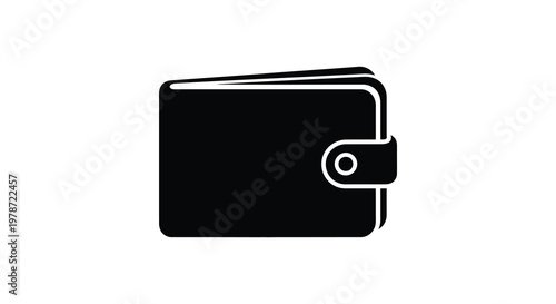 A minimalist black graphic depicts a closed wallet with a snap closure presented as a bold silhouette