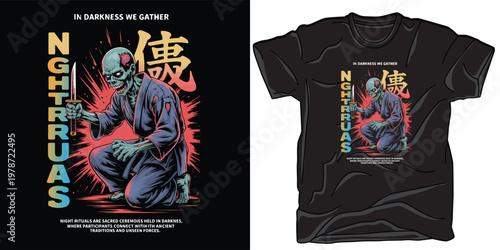 Zombie ninja warrior with knife in darkness we gather night rituals theme streetwear tshirt design.