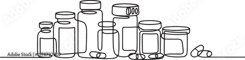 Various medicine bottles and capsules in one line art style. One line draw graphic design vector