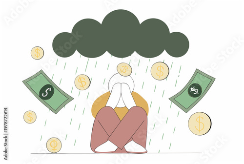 Person under dark cloud with raining money symbolizing financial stress and anxiety. Vector illustration for personal finance concept