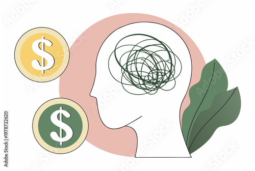 Human head with tangled lines inside and dollar coins, representing financial stress and anxiety. Vector illustration for mental health