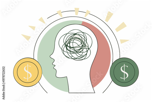 Human head with tangled scribble inside, representing financial stress and money anxiety, with coins. Crisis concept vector illustration for article