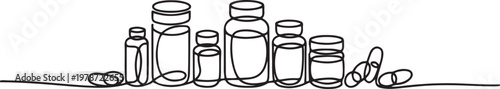 Various medicine bottles and capsules in one line art style. One line draw graphic design vector