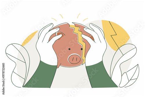 Woman hands holding broken piggy bank with lightning bolt symbol on money box, representing financial stress and bankruptcy concept. Vector illustration