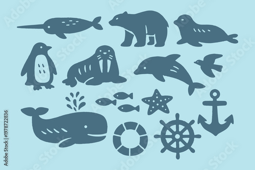 Arctic animals sea set naive vector illustration
