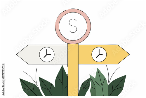 Road sign with dollar and time symbol. Financial decision moment, choice between money and time concept. Outline style vector illustration