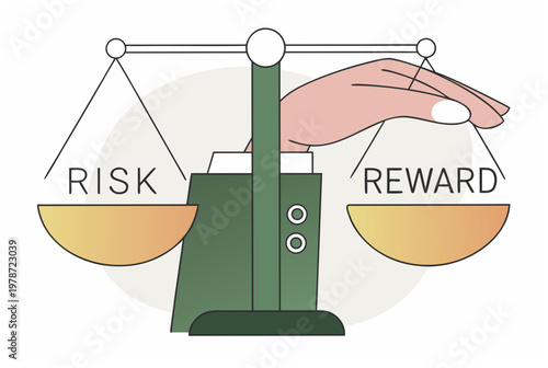 A hand on a balance scale with risk and reward weighing on opposite sides. Financial decision moment concept. Vector illustration.