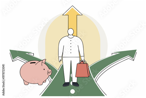 Man making a financial decision, standing at a crossroads between saving and spending. Financial choice concept illustration vector
