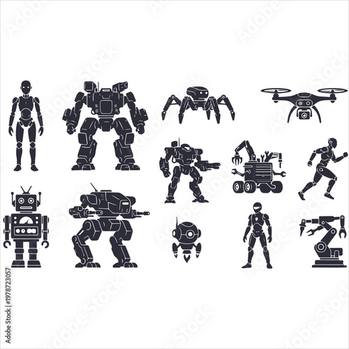 Vector illustration of humanoid robots, military mechs, industrial arms, and aerial drones in a minimalist black and white style, isolated on a white background