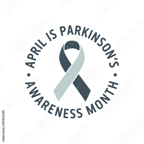 Parkinsons awareness month logo with gray ribbon and text