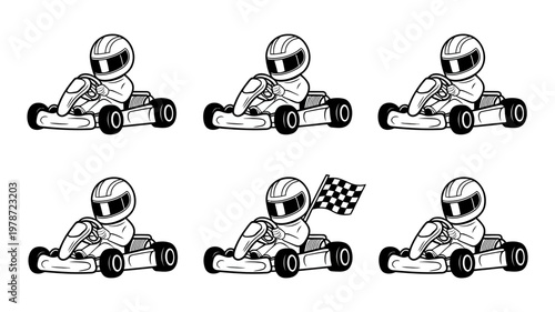 Collection of go kart racing drivers with checkered flags in black and white line art vector design