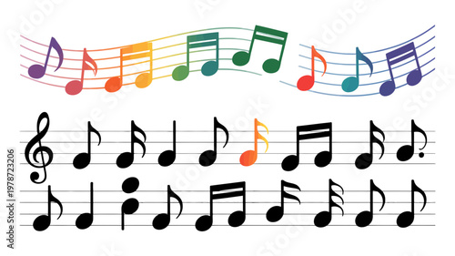 Set of musical notes on staff lines including colorful treble clef and black melody symbols