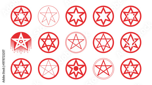 Set of fifteen unique red star pentagram icons in various artistic styles for mystical graphic projects