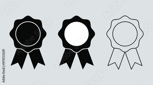 Badge with ribbons icons. Set of three medals icon. Winning award, prize, medal or badge. Vector illustration isolated on white background.