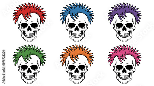 Set of skulls with colorful spiky hair in a pop art style vector illustration collection