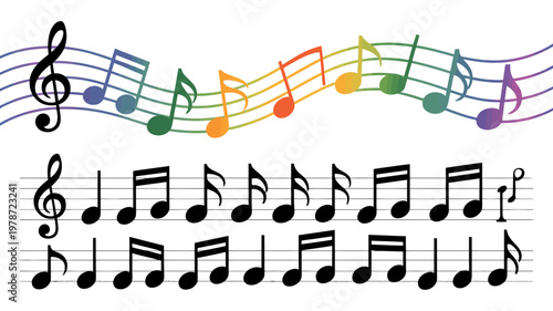 Musical notes and staff lines illustration with colorful elements and black notation icons