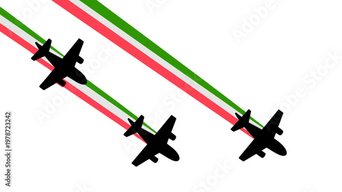 Squadron of military fighter jets performing a flyover with vibrant smoke trails in formation