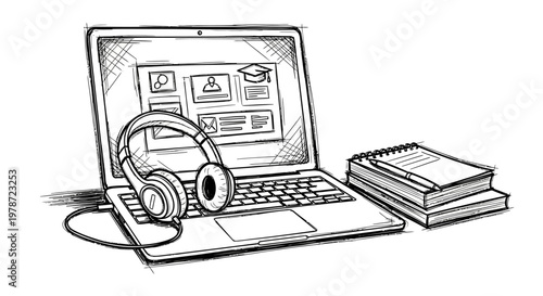 laptop with headphones and books on the desk